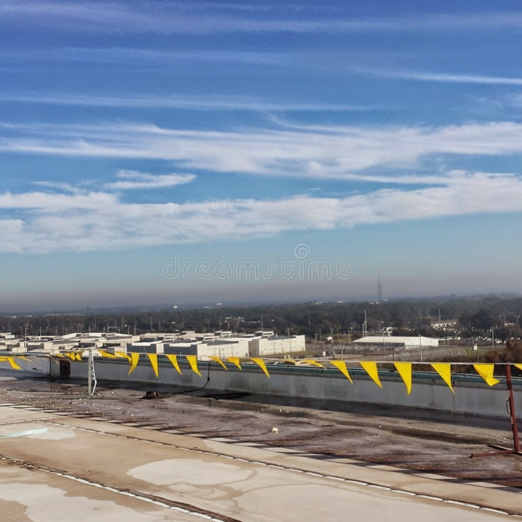 A rooftop with yellow warning flags strung along the edge, overlooking a cityscape with buildings, trees, and a blue sky with scattered clouds.