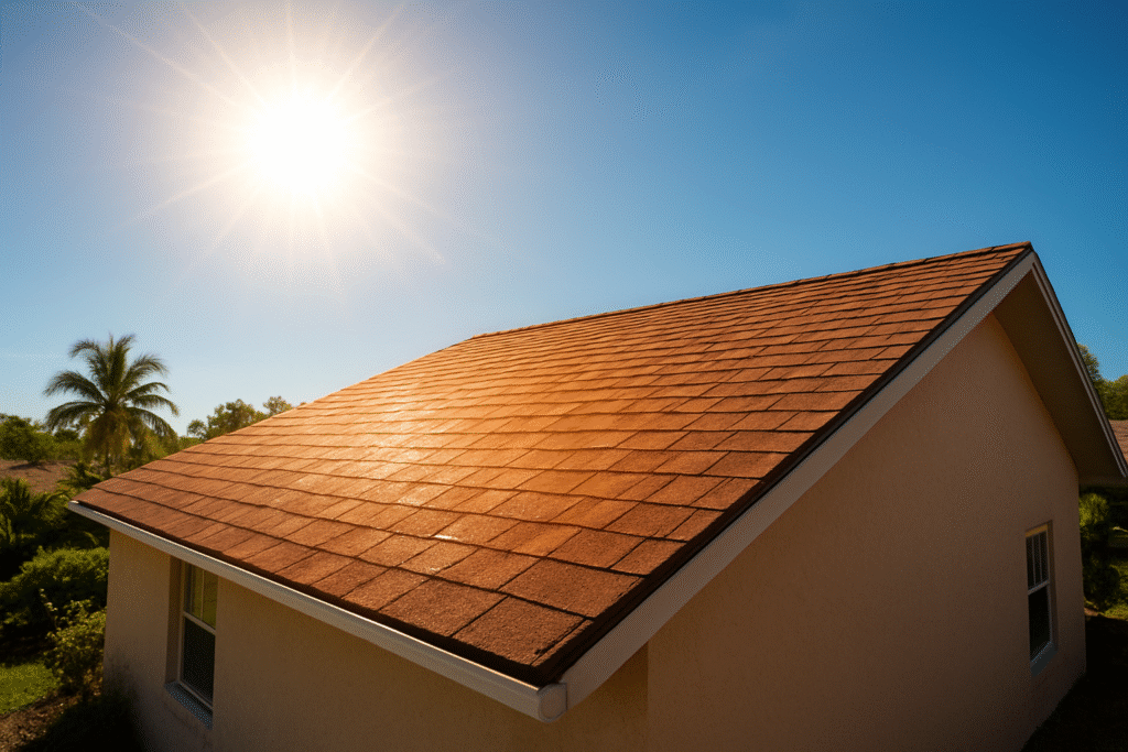 A house with a reddish-brown shingle roof is shown under a clear blue sky, with bright sunlight shining above. A palm tree and greenery are visible in the background.