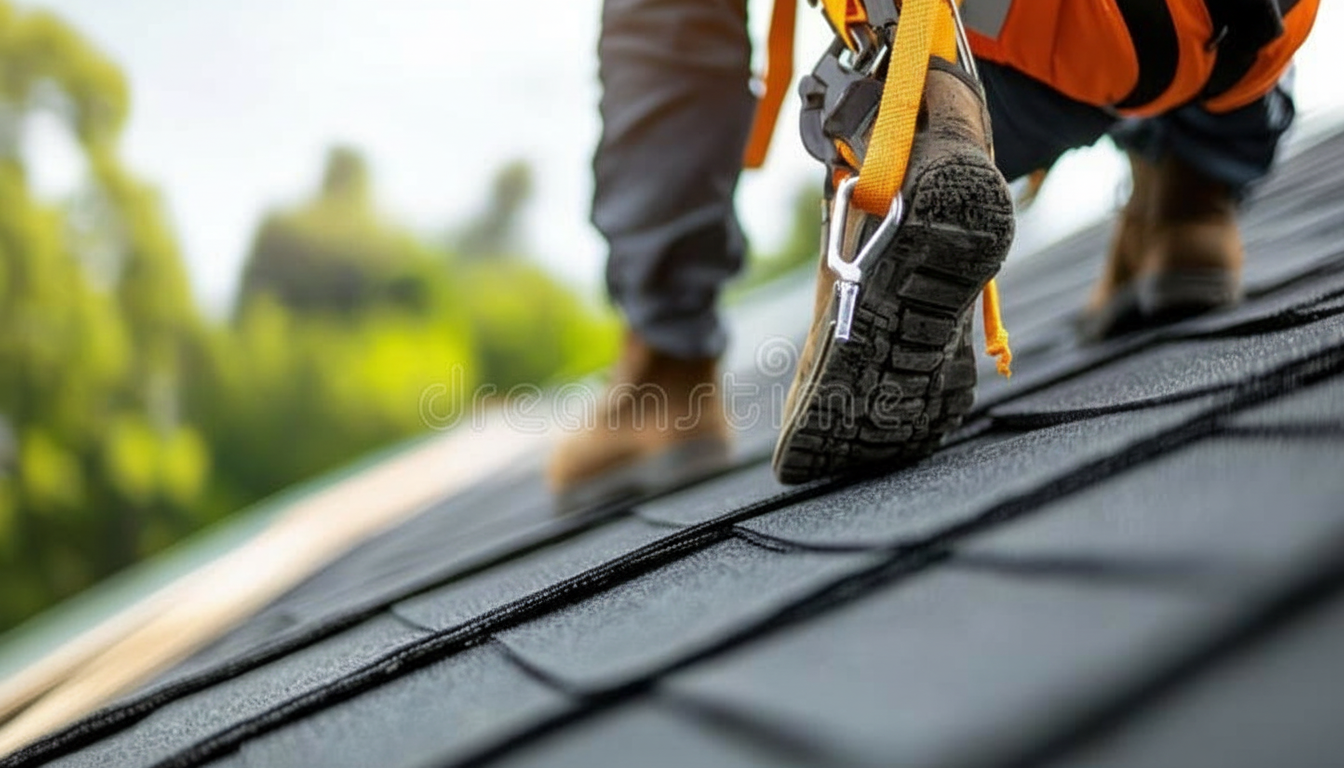 Professional roofer demonstrating safe techniques while walking on a tile roof with proper safety equipment and soft-soled shoes