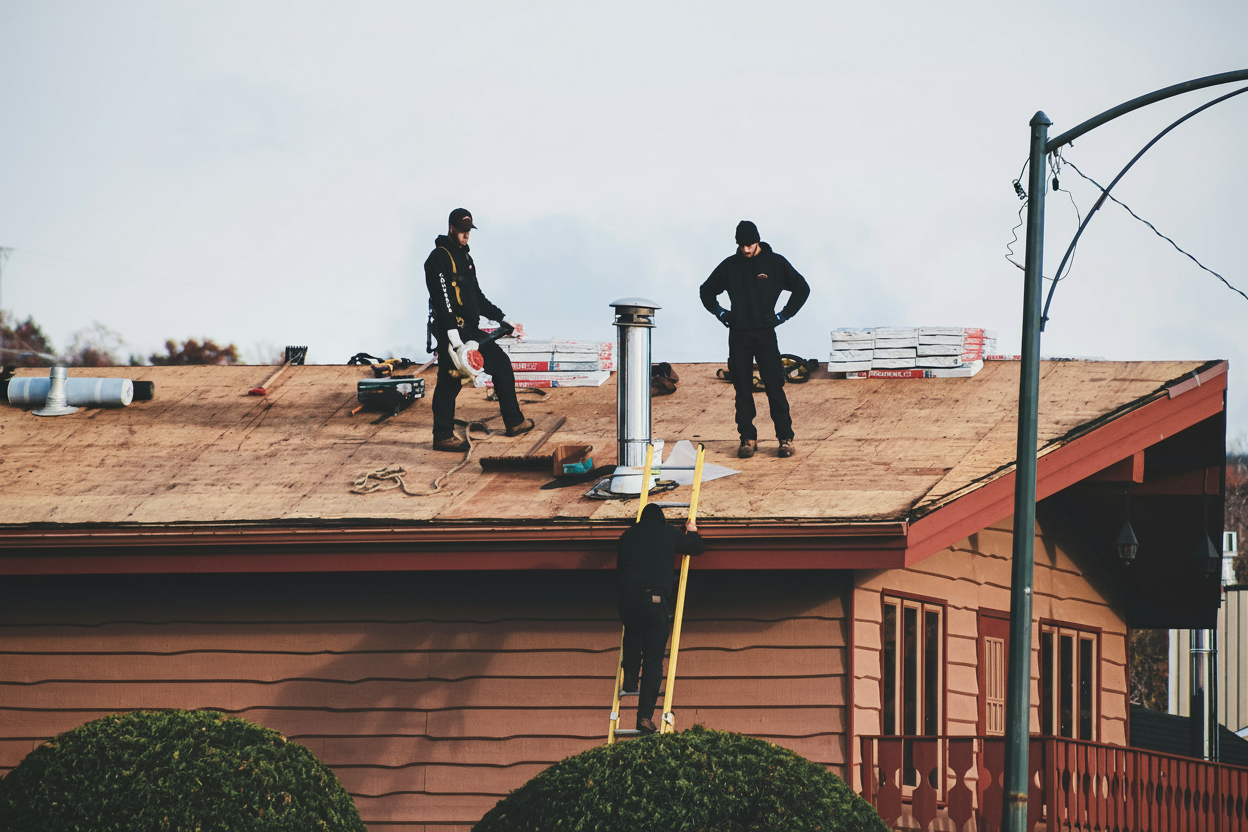 Professional homeowner or contractor inspecting damaged roof eaves with ladder, showing hands examining the overhang area