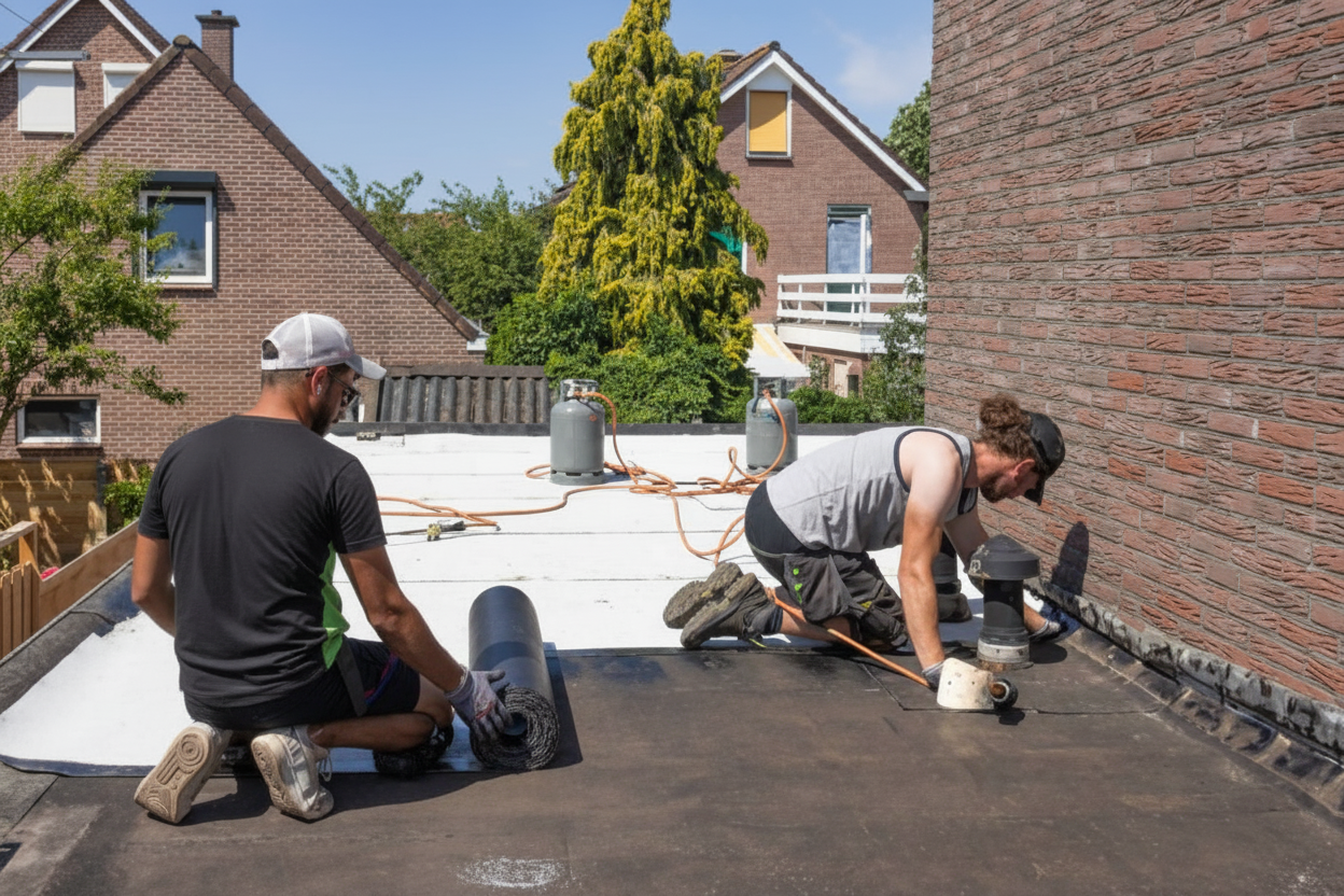Two men wearing casual work clothes install roofing material on a flat roof with tools and gas canisters. They are kneeling and focused on their tasks, with brick houses and green trees visible in the background.