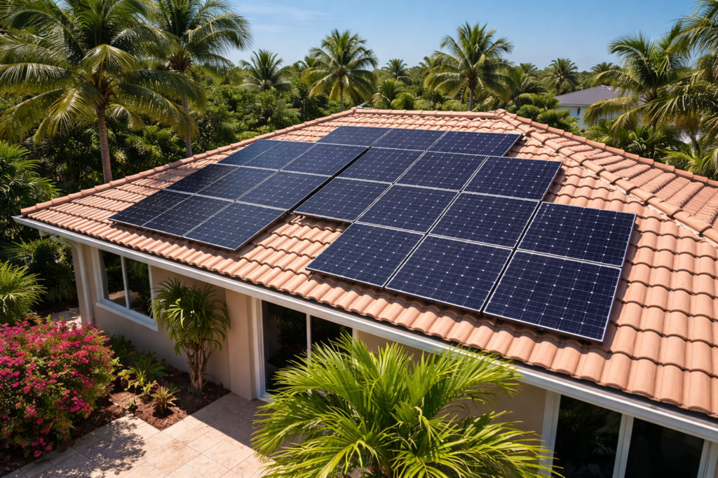 A tan-tiled house roof with solar panels installed, surrounded by lush palm trees, flowering shrubs, and greenery under a clear blue sky on a sunny day.