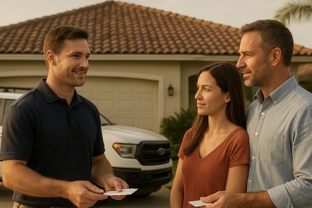 A man in a dark polo shirt hands papers to a smiling couple standing outside their home, with a white pickup truck and a garage in the background.
