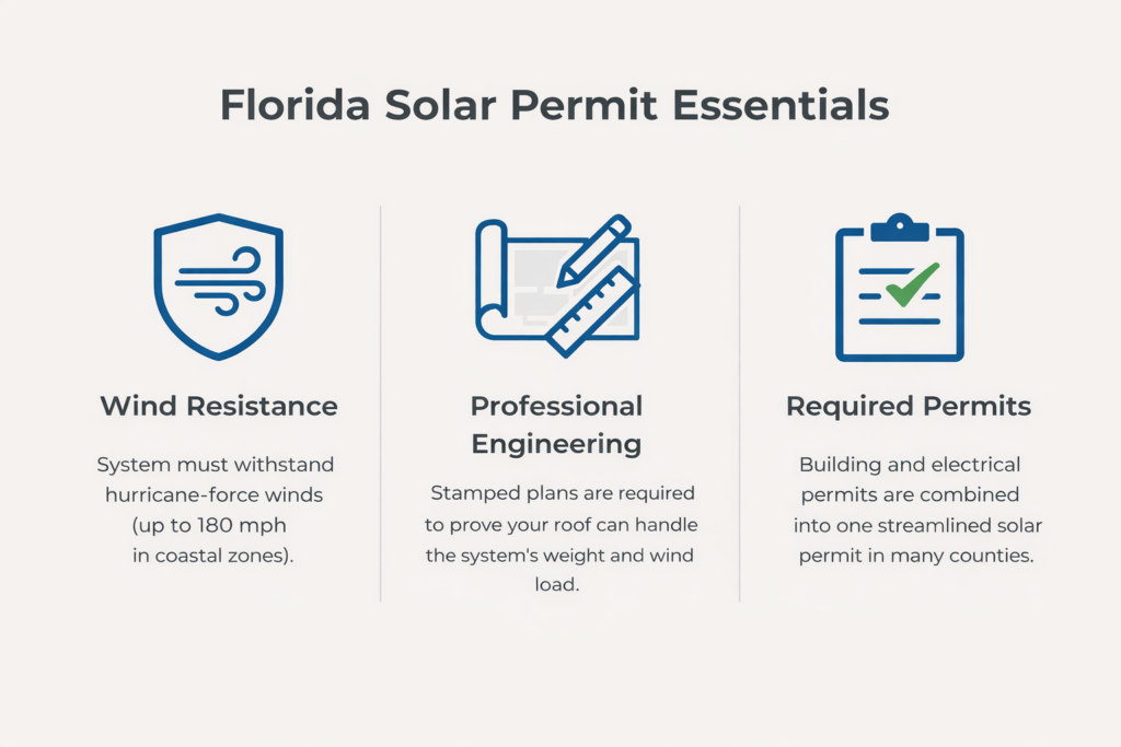 Infographic titled "Florida Solar Permit Essentials" with icons and three sections: Wind Resistance, Professional Engineering, and Required Permits, each describing key solar permit requirements in Florida.