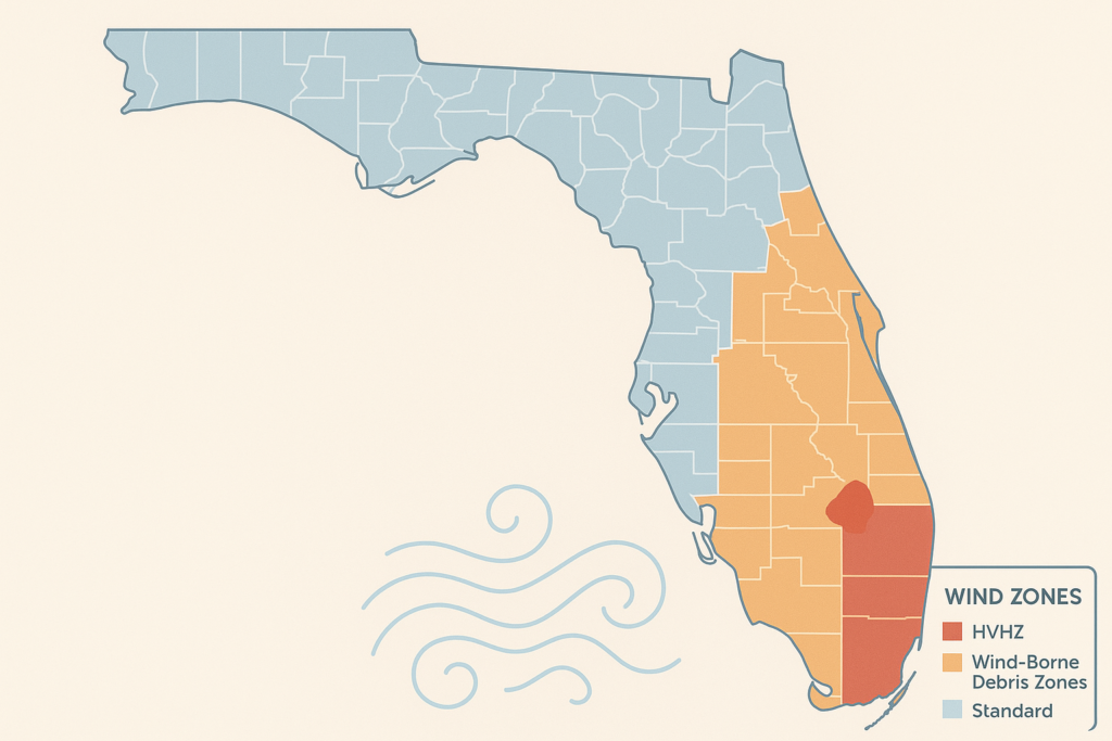 Map of Florida showing wind zones: southeast counties in orange for wind-borne debris, one red area for highest risk (HVHZ), and the rest of the state in blue for standard wind zones. Waves are illustrated at the bottom left.