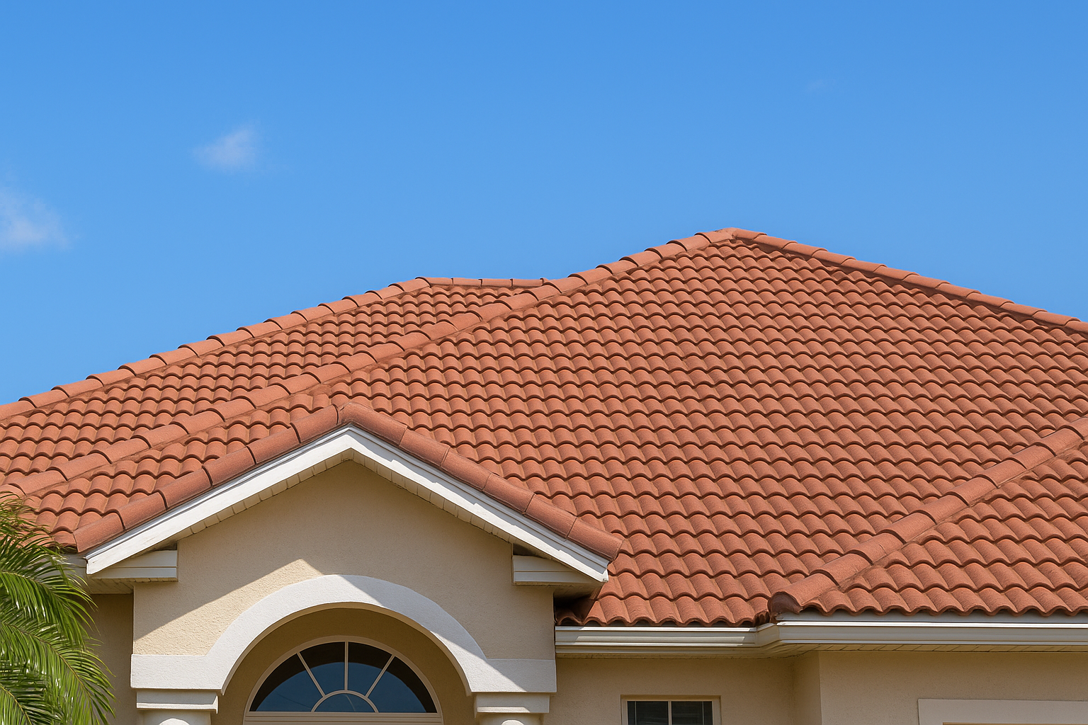 A close-up view of a house with a red clay tile roof, beige exterior walls, an arched window, and clear blue sky in the background.
