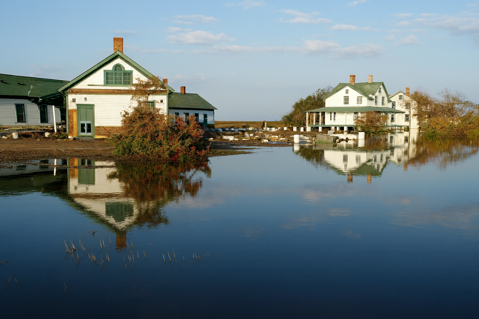 Two white houses with green roofs are reflected in calm floodwater. Bushes and trees surround the buildings, and the sky is clear with some clouds. The water reaches up close to the houses.
