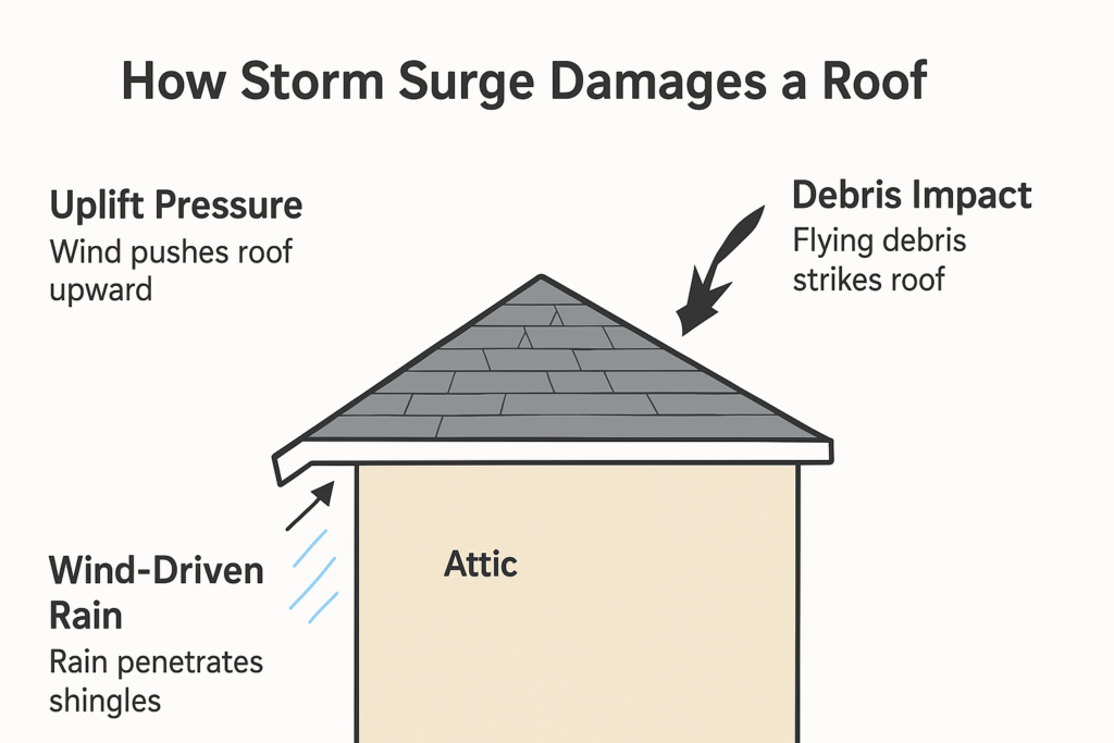 Diagram showing how storm surge damages a roof: wind pushes the roof upward (uplift pressure), flying debris strikes the roof (debris impact), and rain penetrates shingles (wind-driven rain).