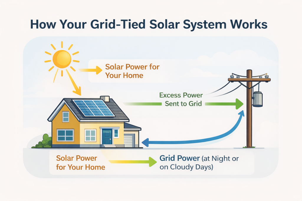 Diagram showing a house with solar panels. Sunlight generates solar power for the home; excess power flows to the grid. The grid supplies power back to the home at night or on cloudy days.