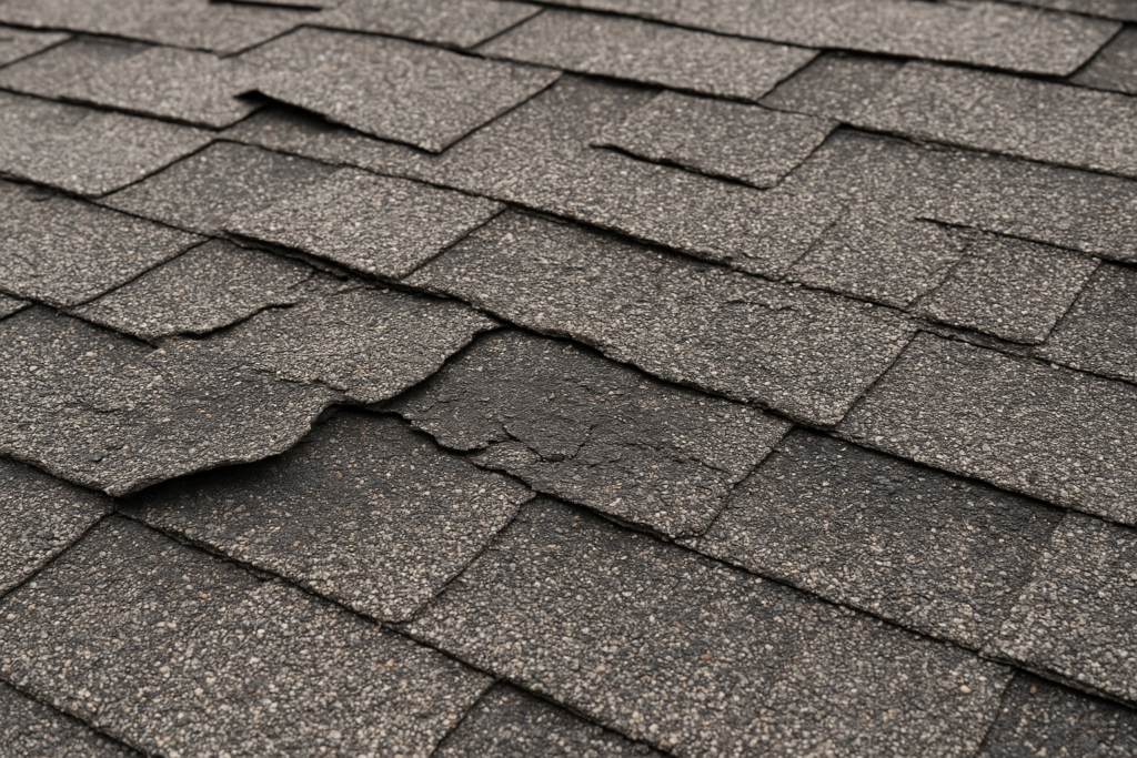 Close-up of asphalt roof shingles showing significant curling and deterioration, with several shingles lifting and edges peeling, indicating damage and the need for repair or replacement.