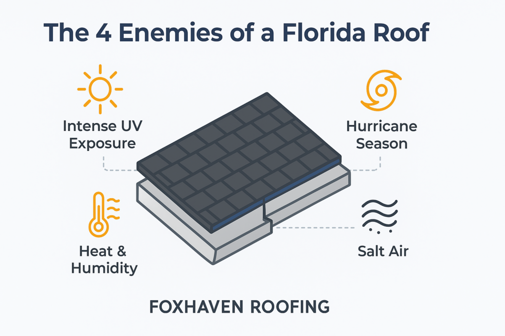 Infographic titled "The 4 Enemies of a Florida Roof" showing a roof with icons for intense UV exposure, hurricane season, heat & humidity, and salt air. Foxhaven Roofing is displayed at the bottom.