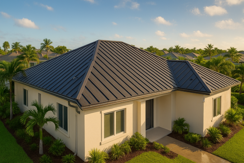 A modern single-story house with a dark metal roof, light-colored exterior walls, large windows, and surrounded by well-kept lawn, palm trees, and other greenery under a sunny sky.