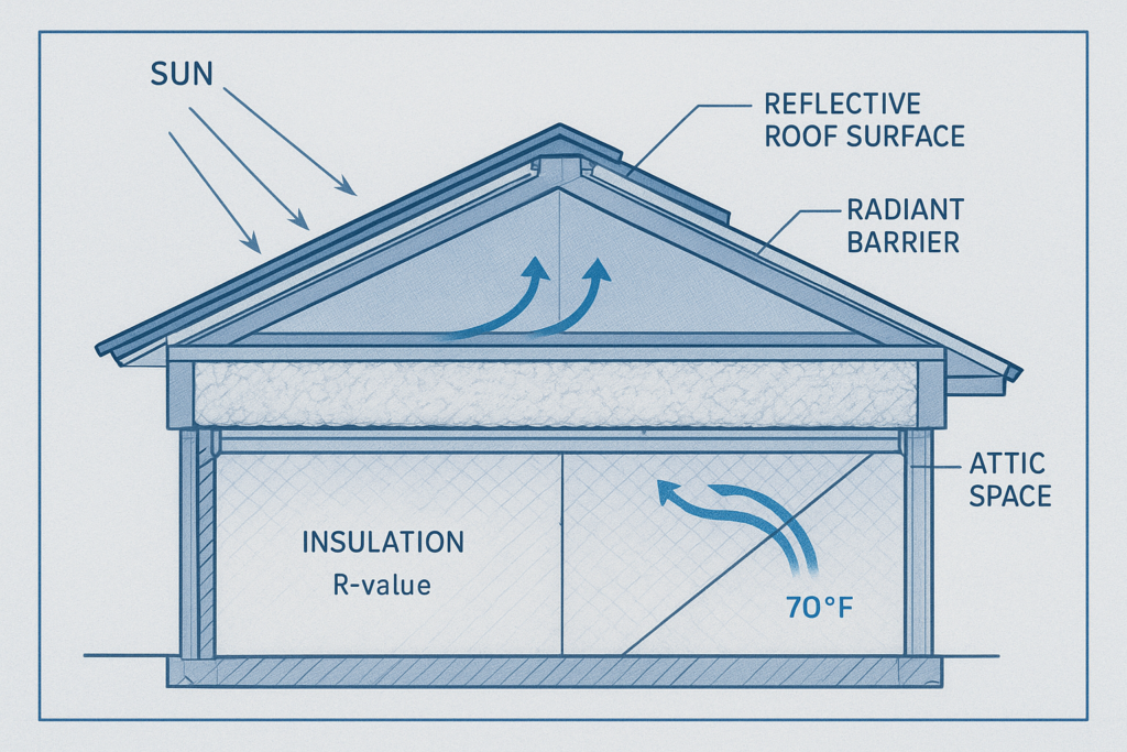 Diagram of a house attic shows sunlight hitting a reflective roof, a radiant barrier under the roof, attic space, and insulation above the ceiling. Arrows indicate heat flow and cool air at 70°F inside the house.