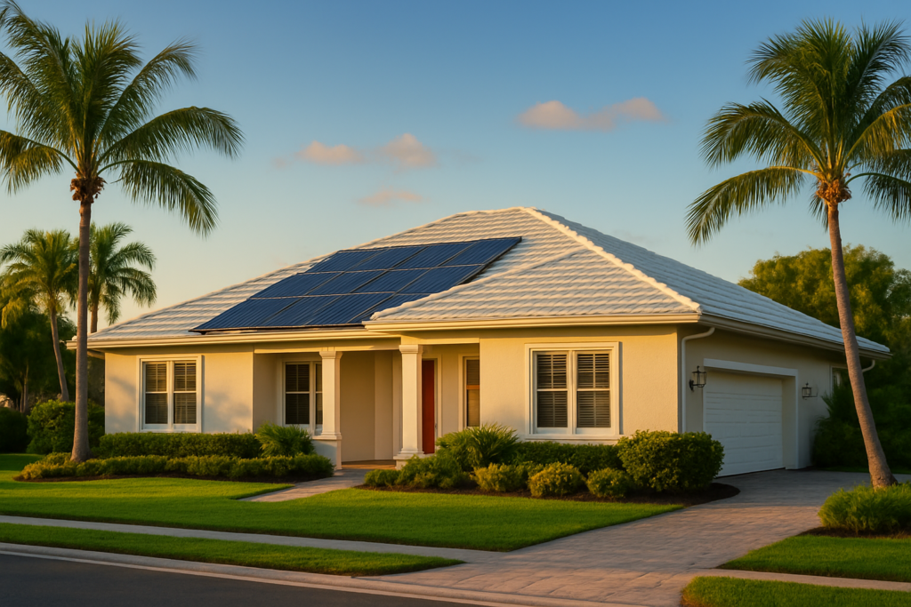 Single-story yellow house with white trim, solar panels on the roof, green lawn, palm trees, a driveway, and a double garage, all under a clear blue sky at sunset.