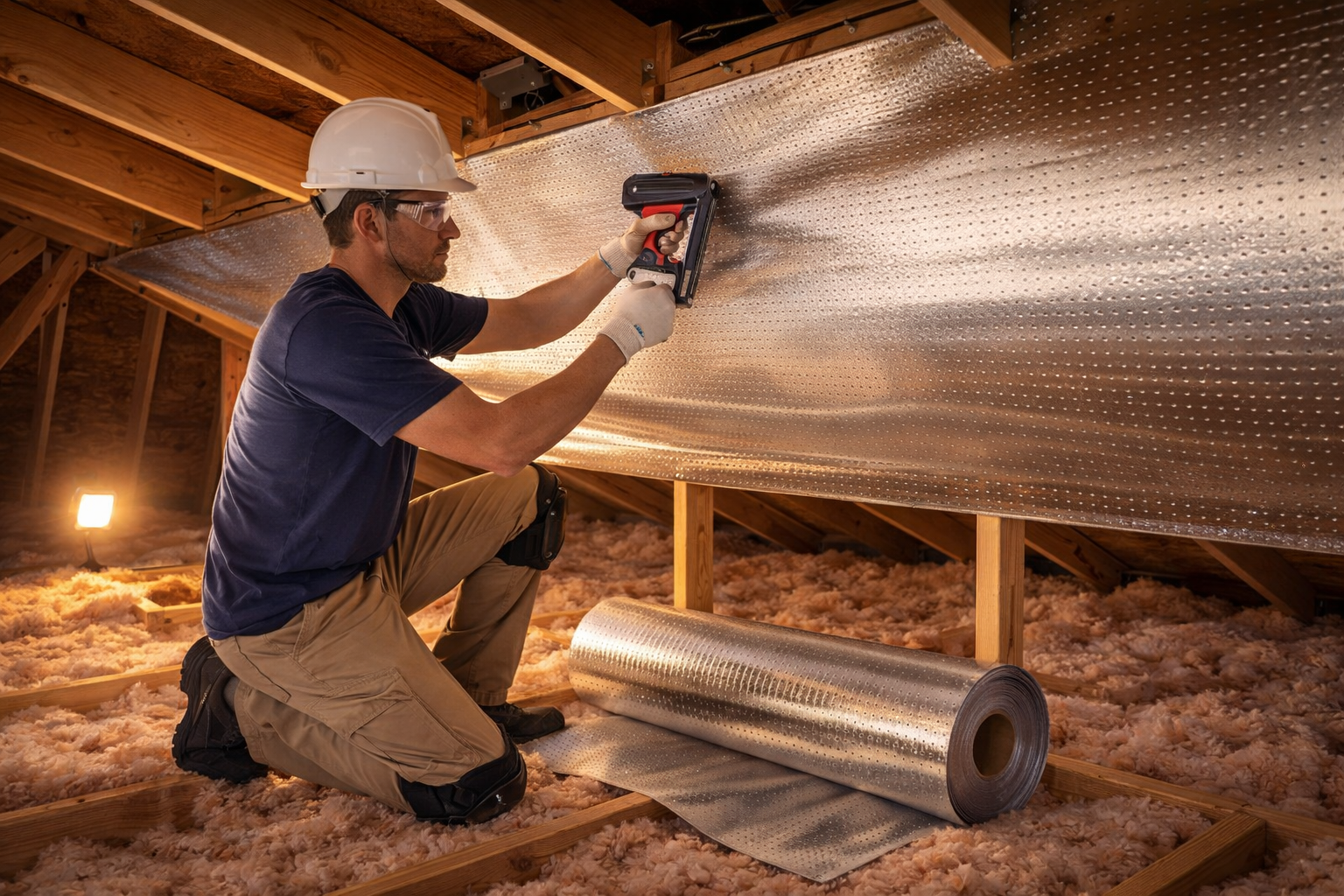 A worker wearing a hard hat and gloves installs reflective insulation in an attic, using a staple gun while kneeling on fiberglass insulation, with a roll of reflective material nearby.