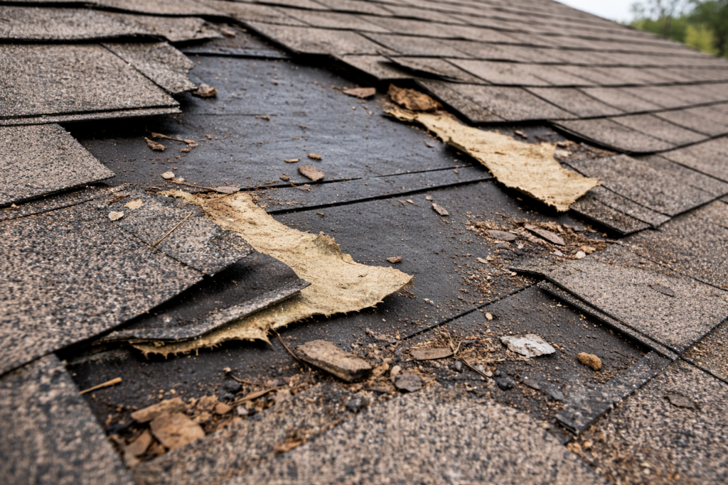 Close-up of damaged asphalt roof shingles, with sections missing and the underlying material exposed, showing wear, debris, and signs of weathering.