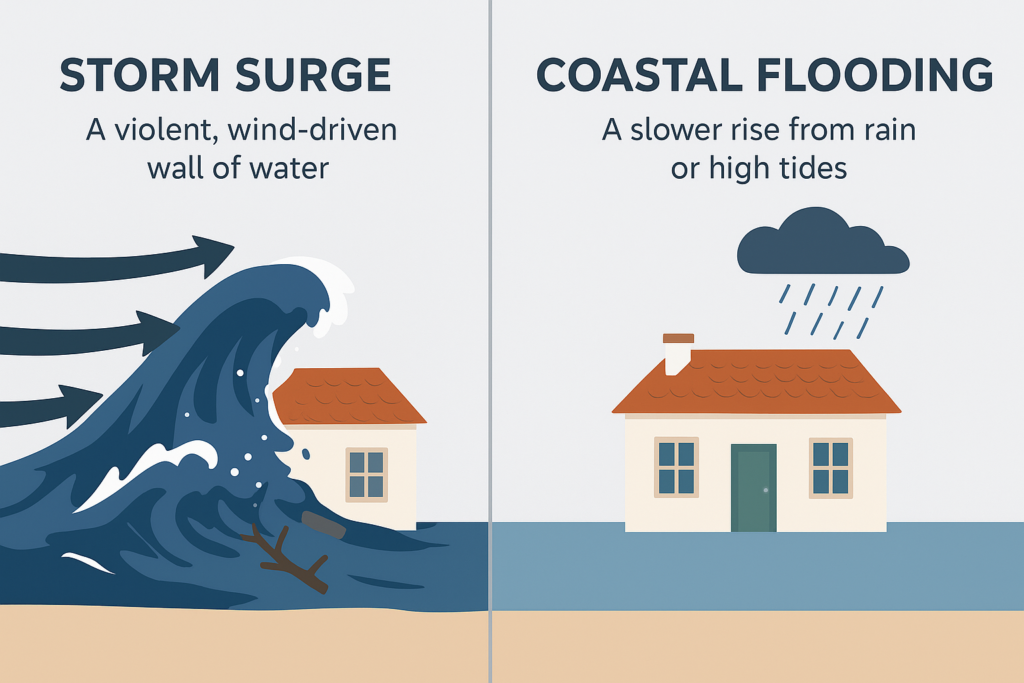 An infographic compares storm surge and coastal flooding. On the left, a large wave overtakes a house; on the right, water gradually surrounds a house under rain. Text explains the differences between the two flooding types.
