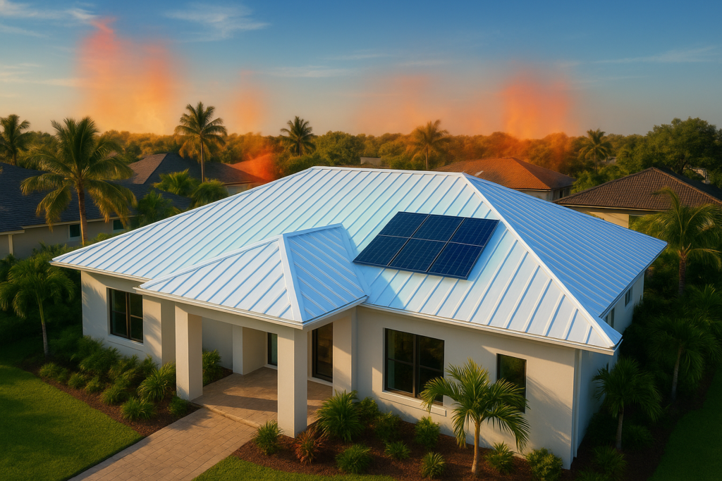 A white house with solar panels on its metal roof stands amid green landscaping and palm trees, while orange smoke or haze rises in the background under a clear, blue sky.