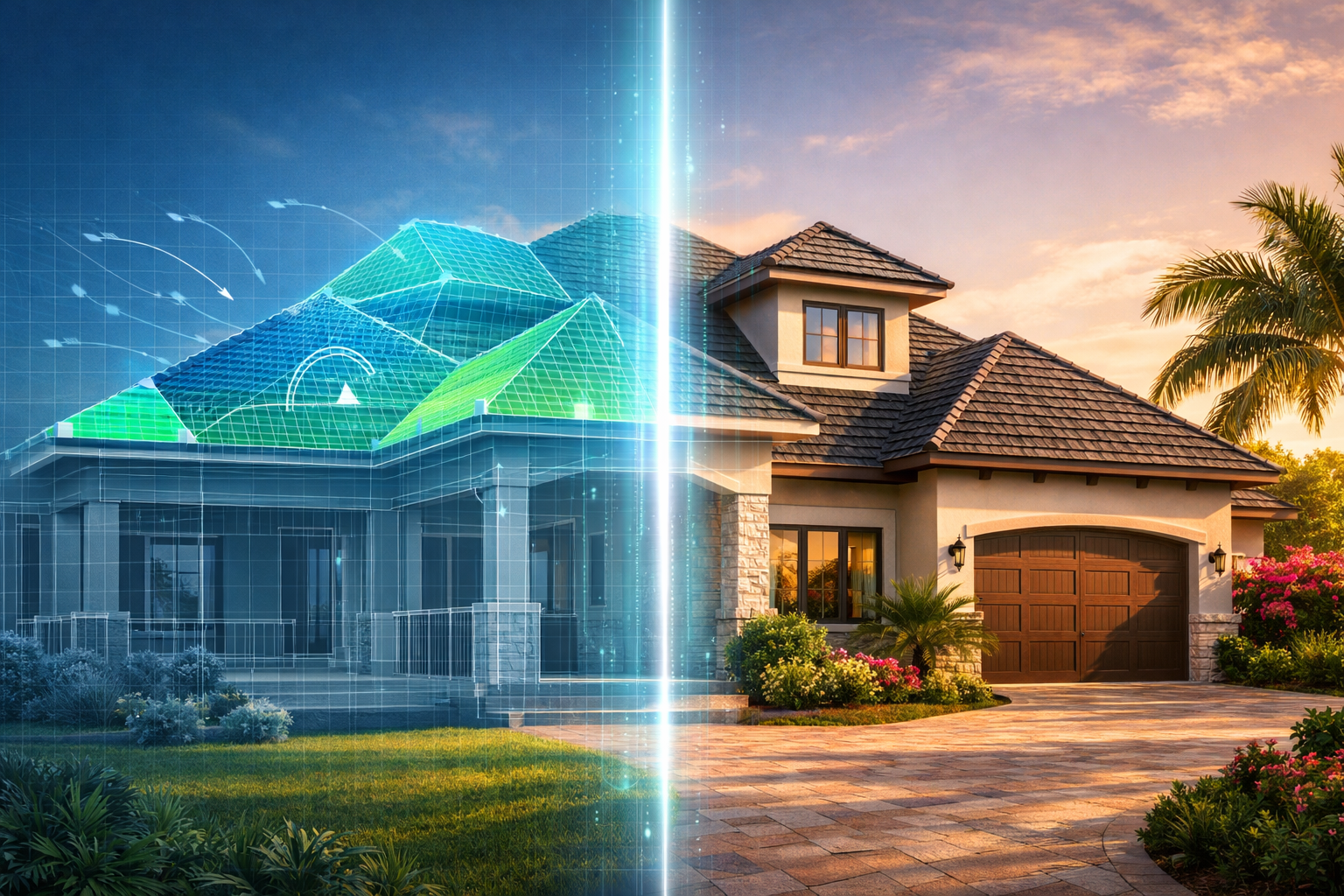 A house shown split in half: the left side is a digital, wireframe model with colorful diagrams, and the right side is a realistic, sunlit home surrounded by greenery and palm trees.
