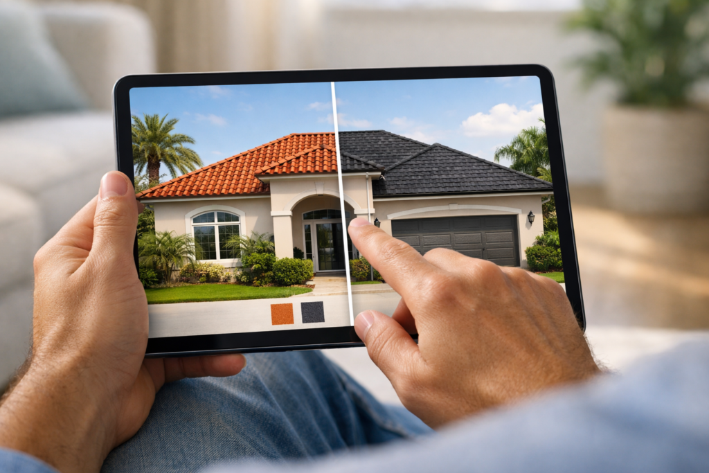 A person holds a tablet comparing two roof options for a house, with the left side showing a red tiled roof and the right side showing a dark gray shingled roof. The person is selecting a roof color on the screen.