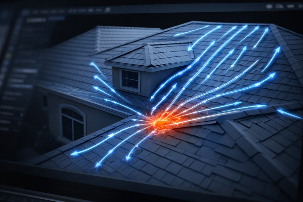 A rooftop with blue arrows illustrating rainwater flow converging at a central point highlighted in orange, indicating drainage or potential leak vulnerability.