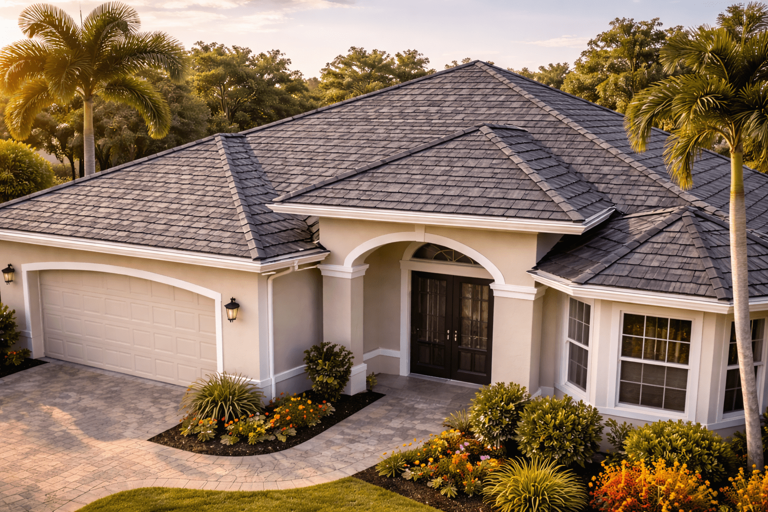 A single-story beige house with a gray tile roof, arched entryway, double front doors, and a two-car garage, surrounded by manicured landscaping and palm trees under a clear sky at sunset.