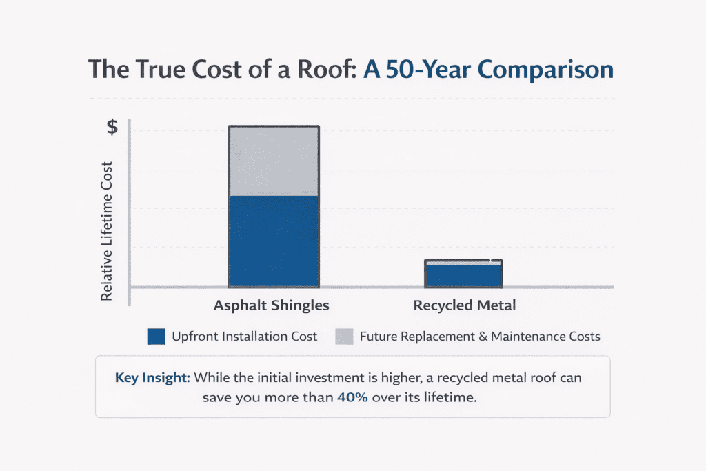 Bar chart comparing 50-year costs: asphalt shingles have much higher upfront and future maintenance costs than recycled metal, which has lower costs overall. Key insight notes over 40% savings with recycled metal roofs.