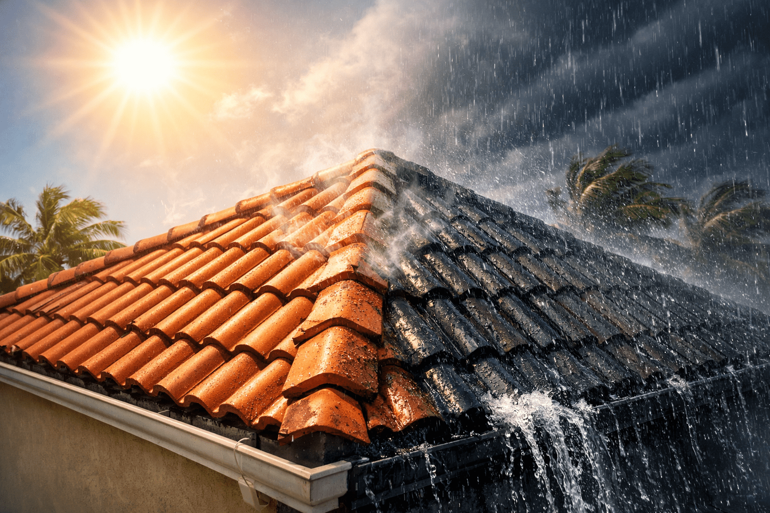 A house roof with half covered in sun and the other half in heavy rain, showing a sharp contrast between dry, sunlit tiles and wet, stormy tiles with water pouring into the gutter under a dramatic sky.