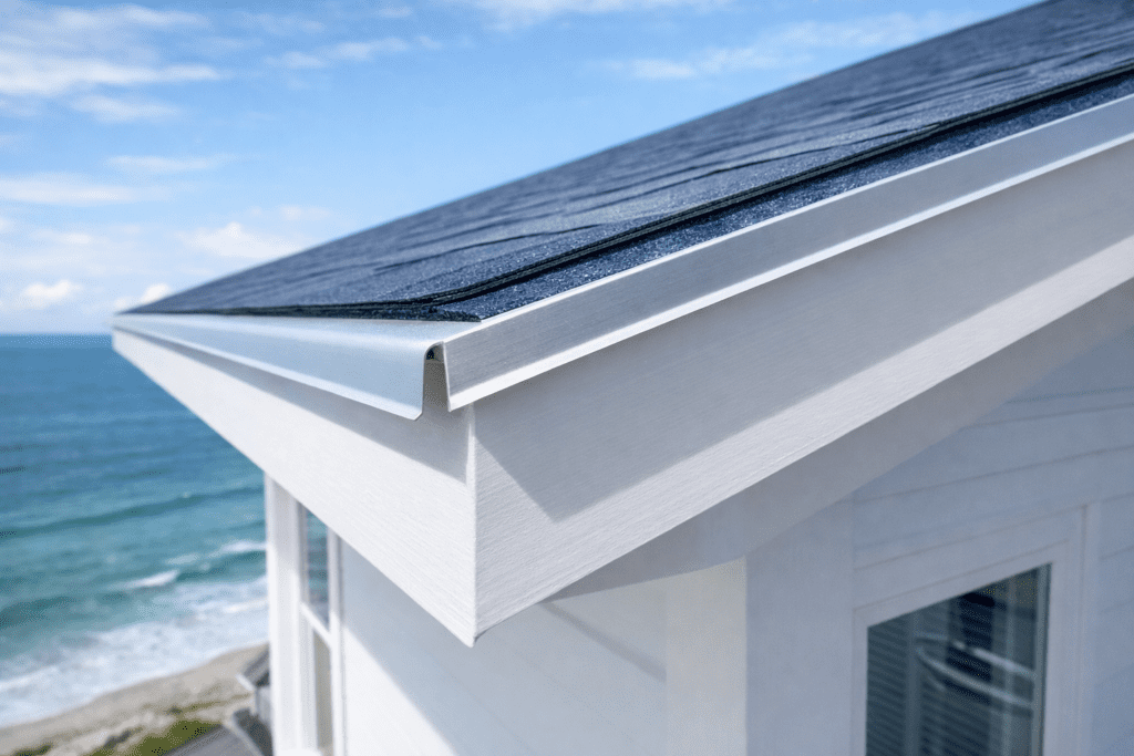 Close-up of a modern house roof with dark shingles and white trim, overlooking an ocean with blue sky and clouds in the background. The building features large windows and is near the shoreline.