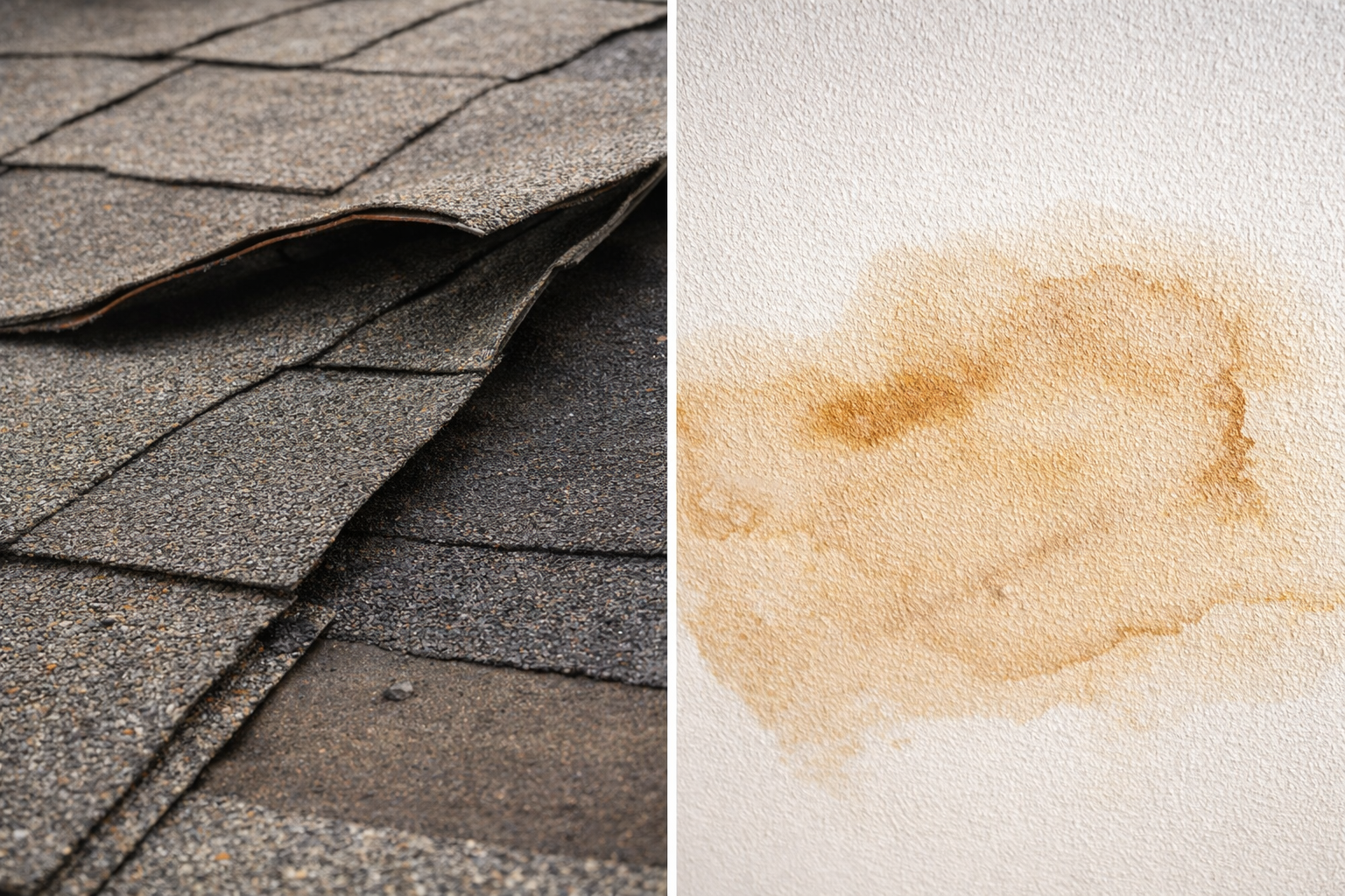Close-up of damaged roof shingles on the left, with some edges lifted, and a brown water stain on a white ceiling on the right, indicating a possible roof leak.