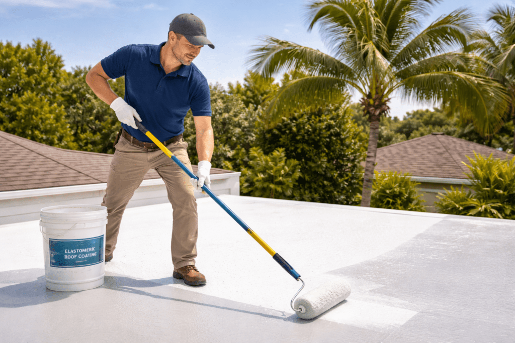 A man in a blue shirt and cap uses a paint roller to apply elastomeric roof coating on a flat roof, with trees, palm trees, and houses in the background under a clear blue sky.