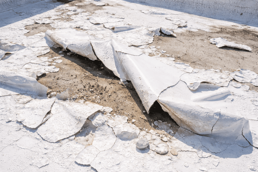 Damaged white roofing material with cracks, peeling, and torn sections exposing the underlying surface and gravel on a flat roof under bright sunlight.