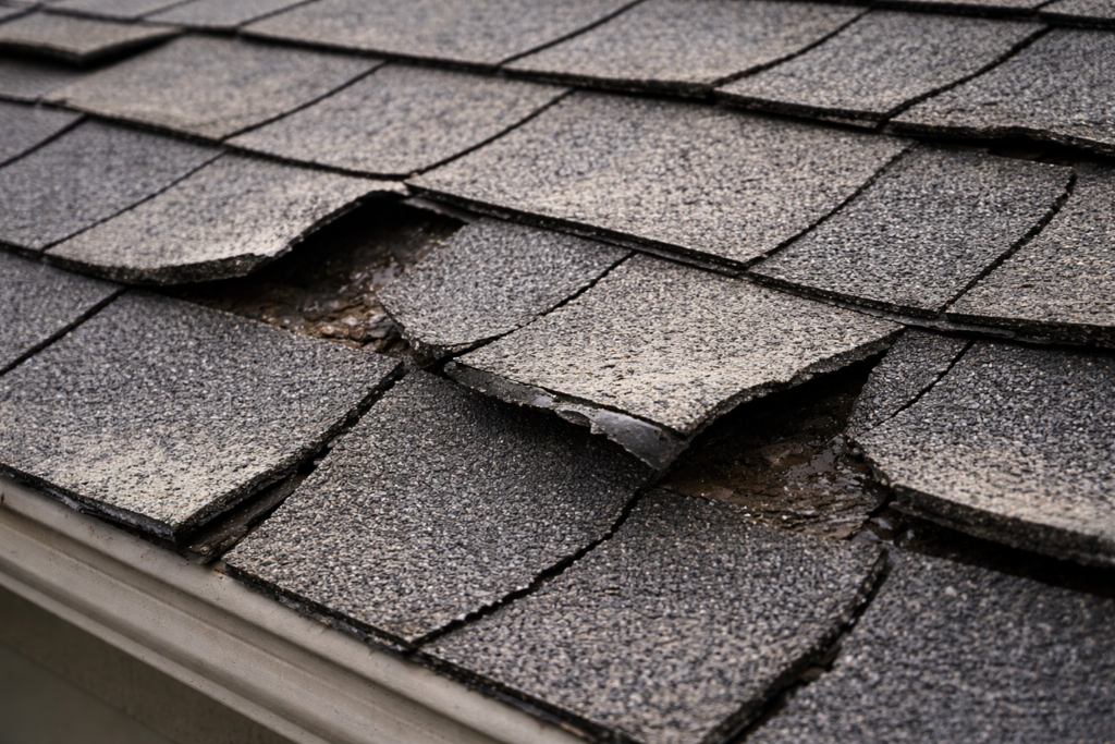 Close-up of a roof with several damaged and curled asphalt shingles, exposing the underlying layers and showing signs of weathering and deterioration.