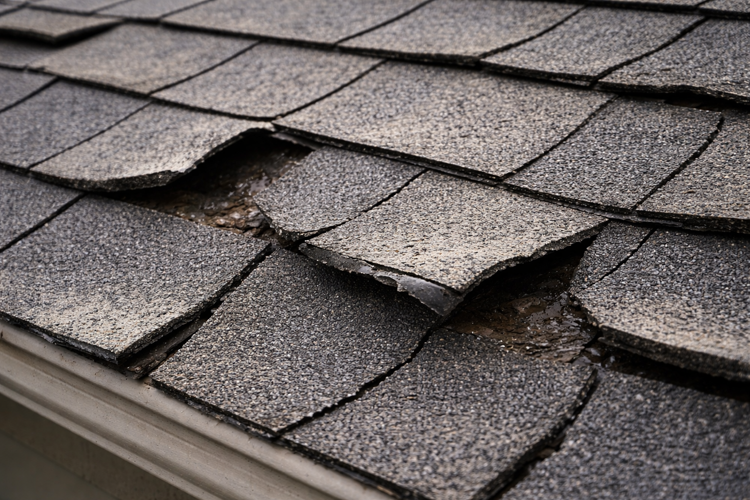 Close-up of a roof with several damaged and curled asphalt shingles, exposing the underlying layers and showing signs of weathering and deterioration.