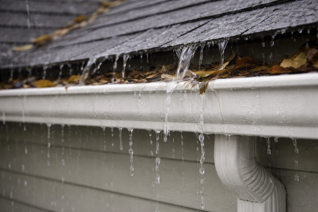 Rainwater overflows from a house gutter clogged with wet leaves, spilling down the exterior wall and shingle roof. The scene suggests poor drainage and the need for gutter cleaning.