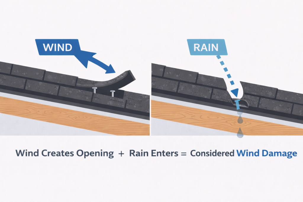 Two diagrams show wind lifting a roof shingle to create an opening, then rain entering through the gap. Text below reads: "Wind Creates Opening + Rain Enters = Considered Wind Damage.