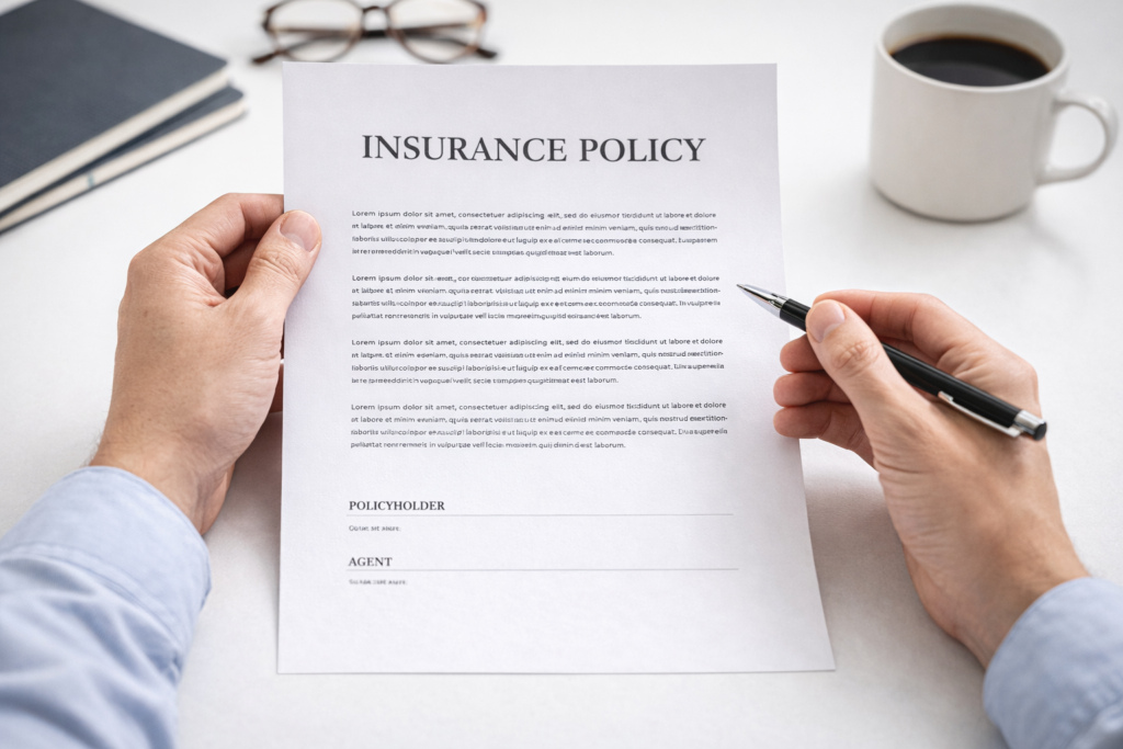 A person holding and reviewing an insurance policy document at a desk, with a pen in one hand. A notebook, a coffee cup, and glasses are also visible on the desk.