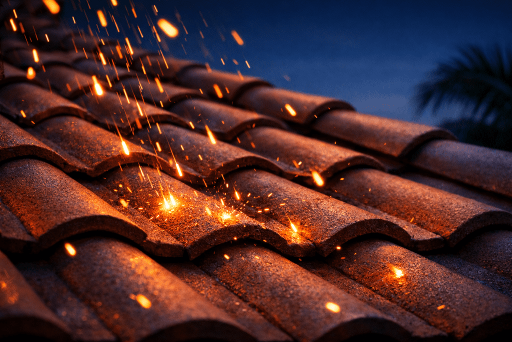 Sparks fly and land on orange clay roof tiles at dusk, creating small glowing spots of light on the curved surface, with a blurred palm tree visible in the background.