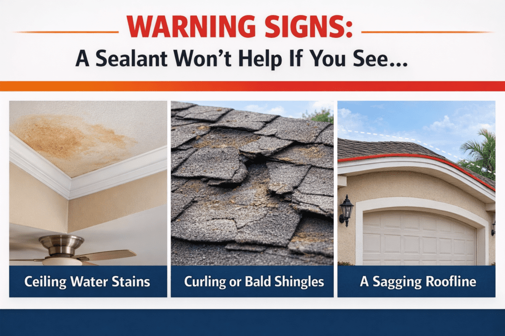 Three-photo collage showing ceiling water stains, curling or bald shingles, and a sagging roofline, with text warning that these are signs a sealant won't help.