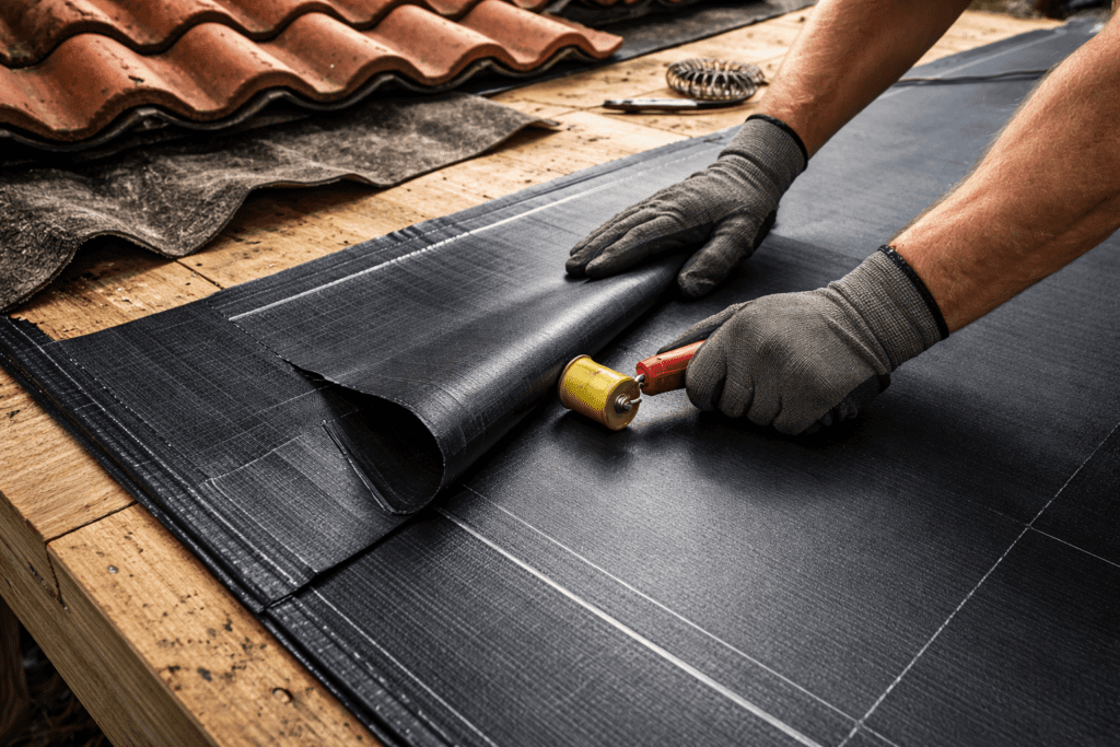 A person wearing gloves uses a small roller tool to smooth and install black roofing underlayment on a wooden surface, with roof tiles and tools visible in the background.