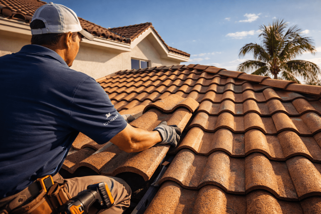 A worker in a blue shirt and cap installs curved clay roof tiles on a house under a sunny sky with palm trees in the background.