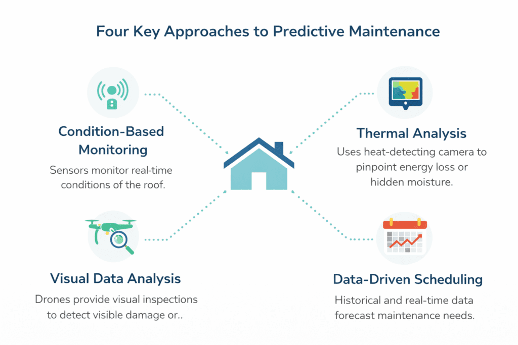 Infographic showing four predictive maintenance approaches: Condition-Based Monitoring, Thermal Analysis, Visual Data Analysis, and Data-Driven Scheduling, each with icons and brief descriptions around a house illustration.