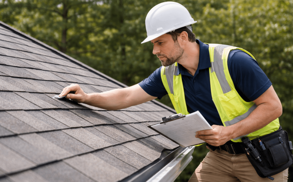 A construction worker wearing a hard hat and safety vest inspects roof shingles while holding a clipboard, standing on a sloped roof with trees in the background.