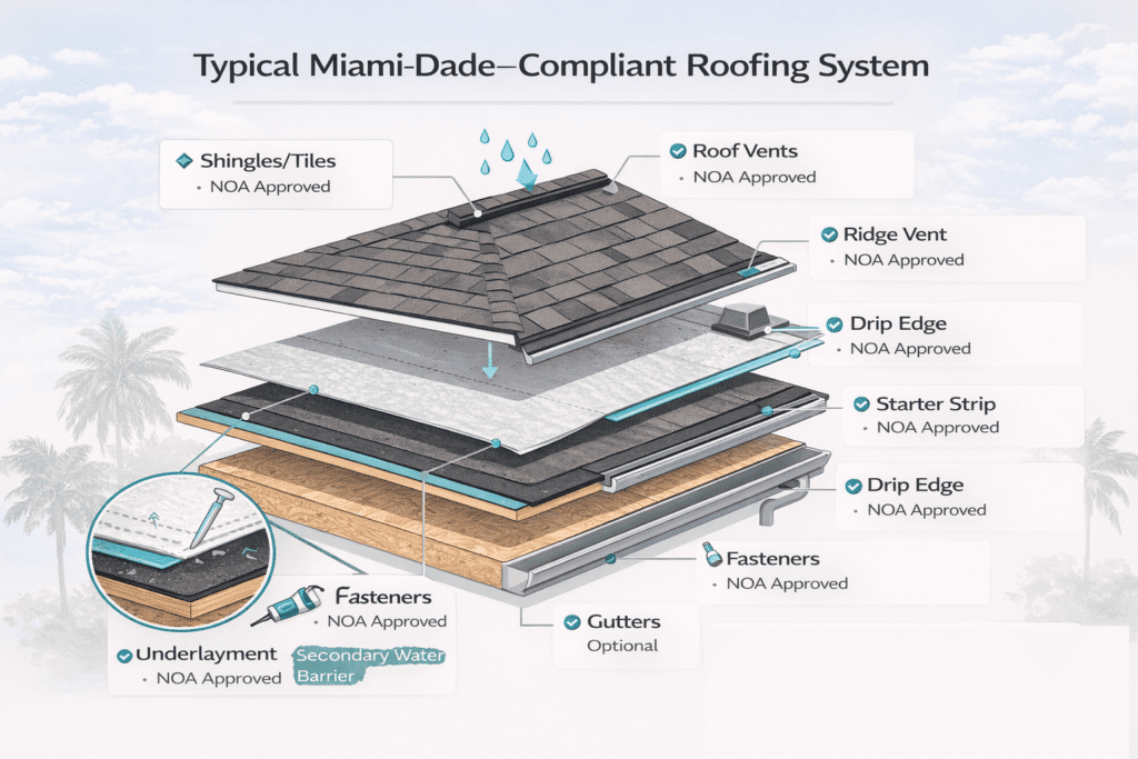 A labeled diagram of a Miami-Dade–compliant roofing system showing layers: shingles/tiles, roof vents, ridge vent, drip edges, starter strip, underlayment, secondary water barrier, fasteners, and optional gutters.