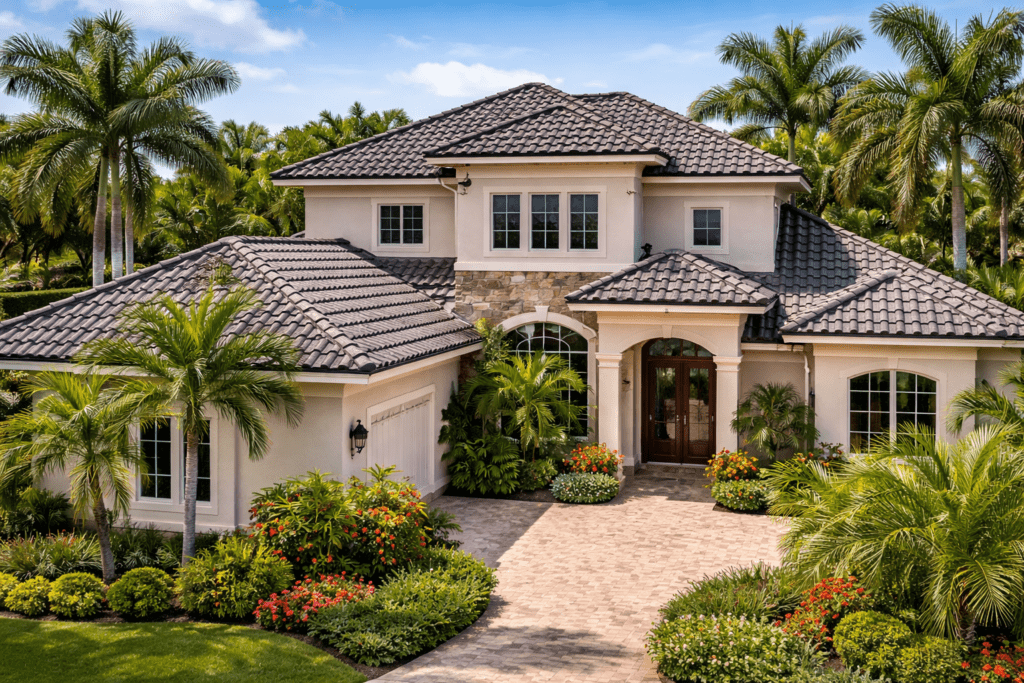 A large, two-story house with a tiled roof, stone and stucco exterior, arched entryway, and a manicured garden with tropical plants and palm trees lining the walkway and driveway.