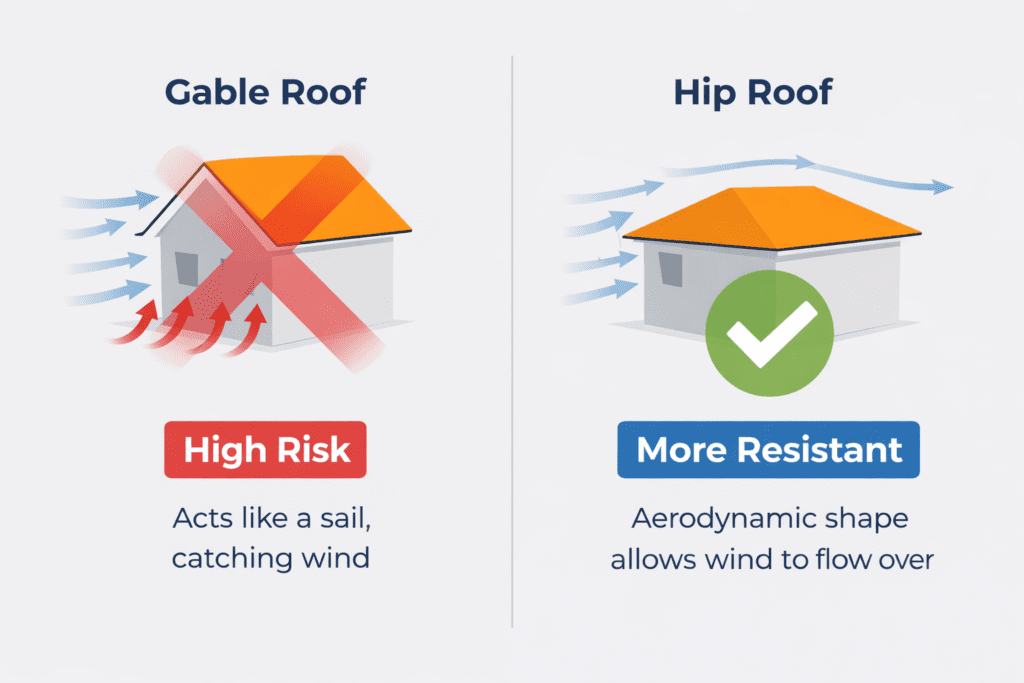 Comparison of a gable roof (left) labeled “high risk” as it catches wind, and a hip roof (right) labeled “more resistant” with an aerodynamic shape allowing wind to flow over, shown with arrows.