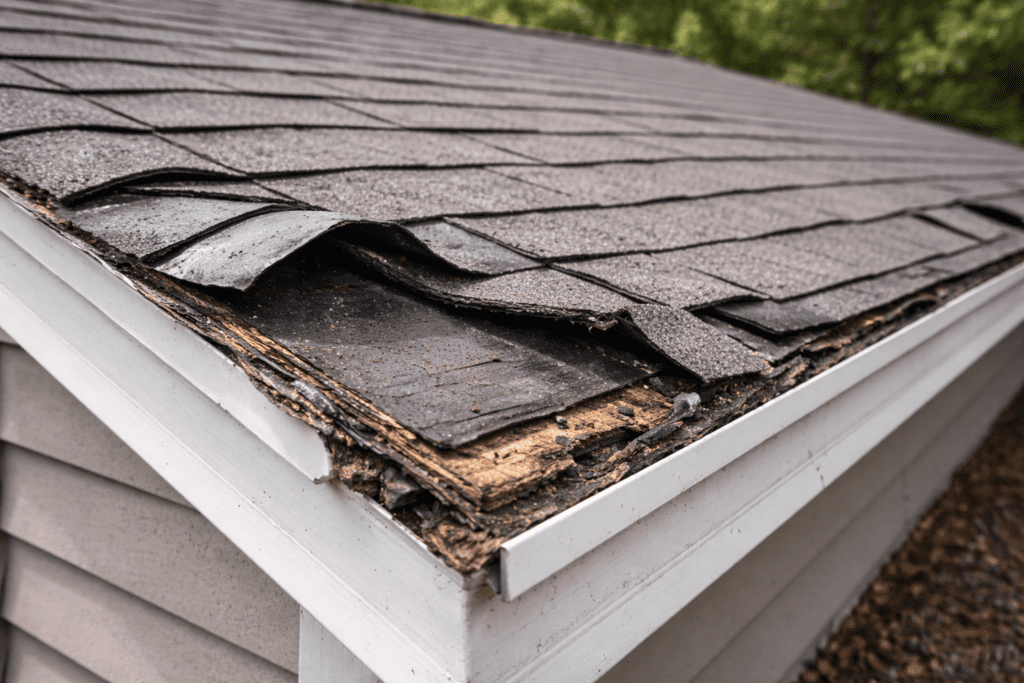 Close-up of a house roof with damaged, curling, and missing asphalt shingles, revealing weathered, exposed wood underneath and signs of water damage along the roof’s edge.