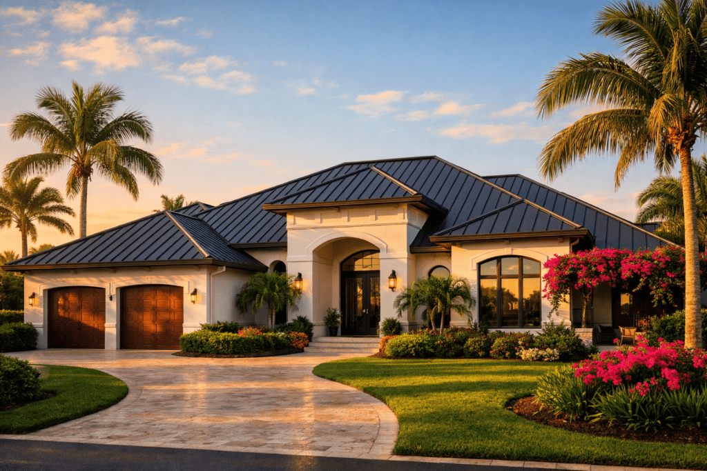 A modern, single-story house with a dark metal roof, arched entrance, and double garage. Surrounded by palm trees, manicured lawns, and colorful flowers, the home is lit warmly at sunset under a partly cloudy sky.