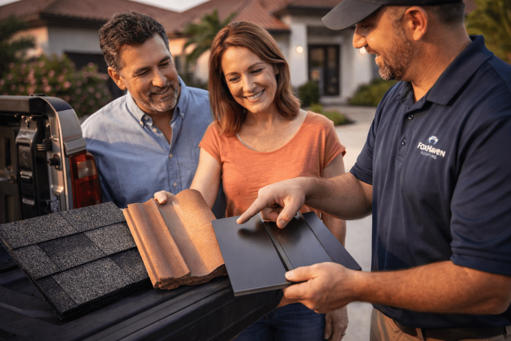 A couple stands by a truck looking at roofing material samples shown by a contractor. The contractor points to different types of shingles and panels on the truck bed. A house and plants are visible in the background.