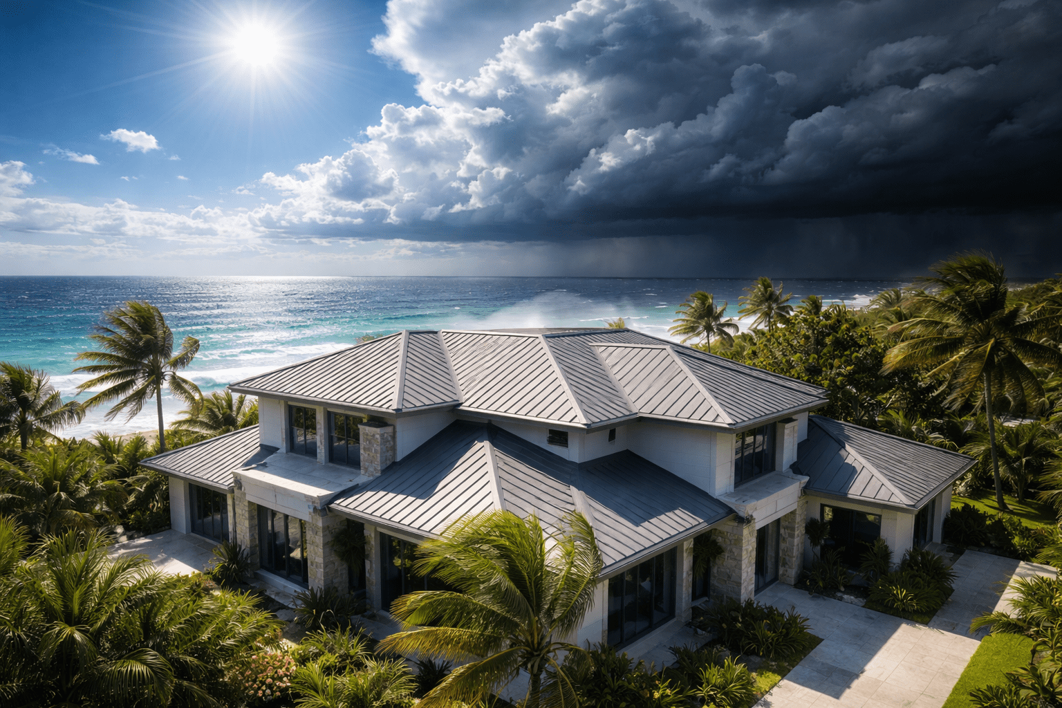A modern house by the ocean is surrounded by palm trees under a dramatic sky, with sunlight on one side and dark storm clouds approaching over the sea on the other.